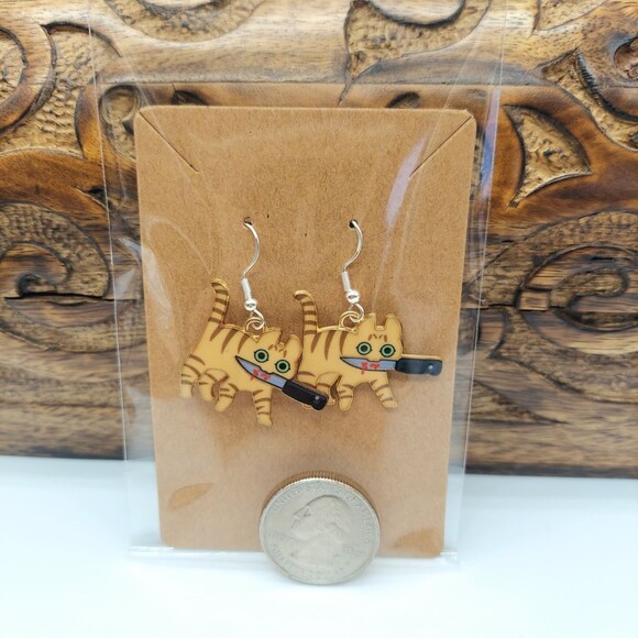 Naughty Cat Earrings Halloween Horror Tabby Kitty - Picture 2 of 2